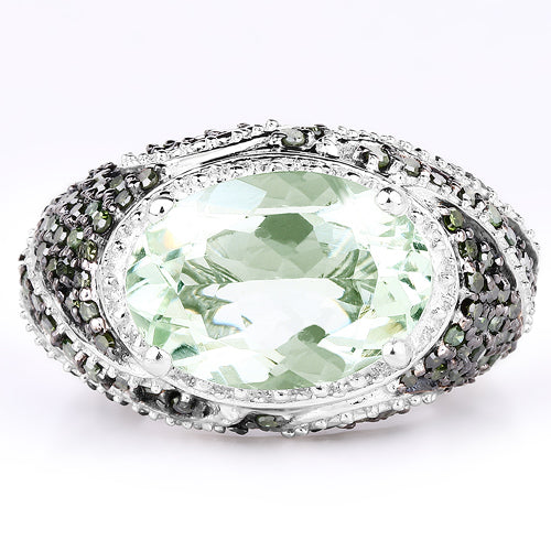 Bids.com 5.98 Carat Genuine Green Amethyst & Green Diamond .925 Sterling Silver Ring Rings