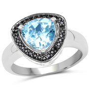 Bids.com 2.06 Carat Genuine Swiss Blue Topaz and Black Diamond .925 Sterling Silver Ring Rings