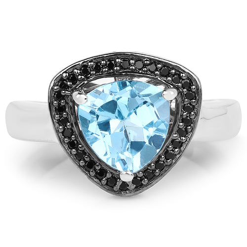 Bids.com 2.06 Carat Genuine Swiss Blue Topaz and Black Diamond .925 Sterling Silver Ring Rings