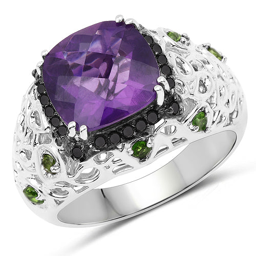 Bids.com 3.27 Carat Genuine Amethyst, Chrome Diopside & Black Diamond .925 Sterling Silver Ring Rings