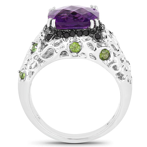 Bids.com 3.27 Carat Genuine Amethyst, Chrome Diopside & Black Diamond .925 Sterling Silver Ring Rings
