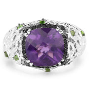 Bids.com 3.27 Carat Genuine Amethyst, Chrome Diopside & Black Diamond .925 Sterling Silver Ring Rings