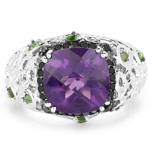 Bids.com 3.27 Carat Genuine Amethyst, Chrome Diopside & Black Diamond .925 Sterling Silver Ring Rings