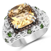 Bids.com 4.13 Carat Genuine Citrine, Chrome Diopside & Champagne Diamond .925 Sterling Silver Ring Rings