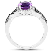 Bids.com 1.64 Carat Genuine Amethyst, Black Diamond & White Diamond .925 Sterling Silver Ring Rings