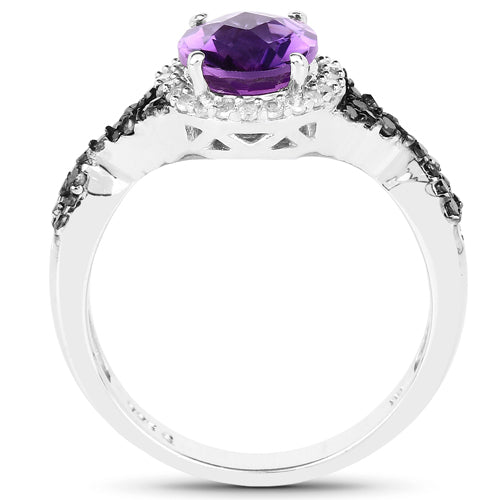 Bids.com 1.64 Carat Genuine Amethyst, Black Diamond & White Diamond .925 Sterling Silver Ring Rings