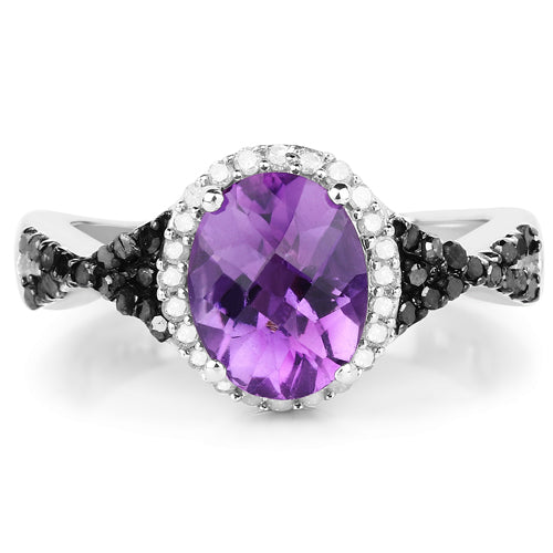 Bids.com 1.64 Carat Genuine Amethyst, Black Diamond & White Diamond .925 Sterling Silver Ring Rings