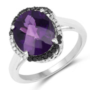 Bids.com 4.52 Carat Genuine Amethyst, Black Diamond & White Diamond .925 Sterling Silver Ring Rings