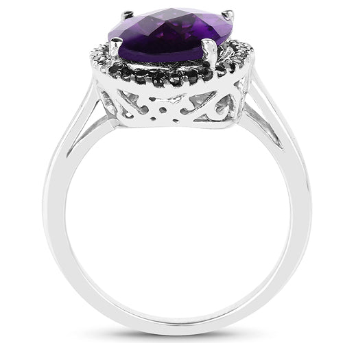 Bids.com 4.52 Carat Genuine Amethyst, Black Diamond & White Diamond .925 Sterling Silver Ring Rings