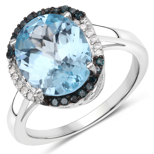 Bids.com 5.27 Carat Genuine Swiss Blue Topaz, Blue Diamond and White Diamond .925 Sterling Silver Ring Rings