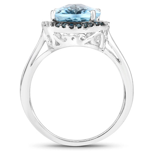 Bids.com 5.27 Carat Genuine Swiss Blue Topaz, Blue Diamond and White Diamond .925 Sterling Silver Ring Rings