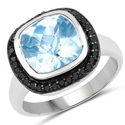 Bids.com 5.23 Carat Genuine Baby Swiss Blue Topaz and Black Diamond .925 Sterling Silver Ring Rings