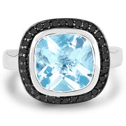 Bids.com 5.23 Carat Genuine Baby Swiss Blue Topaz and Black Diamond .925 Sterling Silver Ring Rings