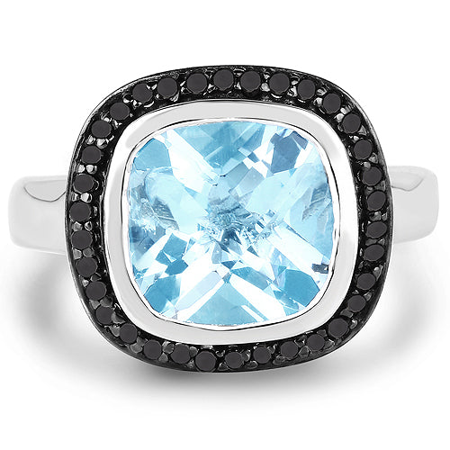Bids.com 5.23 Carat Genuine Baby Swiss Blue Topaz and Black Diamond .925 Sterling Silver Ring Rings