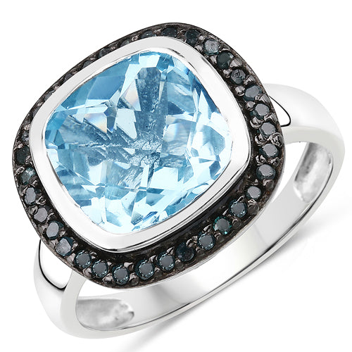 Bids.com 5.23 Carat Genuine Swiss Blue Topaz and Black Diamond .925 Sterling Silver Ring Rings