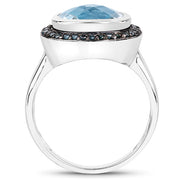 Bids.com 5.23 Carat Genuine Swiss Blue Topaz and Black Diamond .925 Sterling Silver Ring Rings