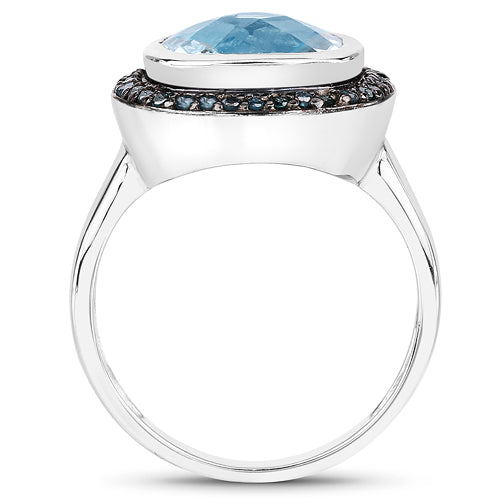Bids.com 5.23 Carat Genuine Swiss Blue Topaz and Black Diamond .925 Sterling Silver Ring Rings