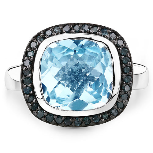 Bids.com 5.23 Carat Genuine Swiss Blue Topaz and Black Diamond .925 Sterling Silver Ring Rings