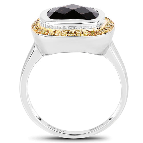 Bids.com 3.67 Carat Genuine Smoky Quartz and Yellow Diamond .925 Sterling Silver Ring Rings