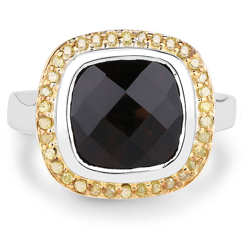 Bids.com 3.67 Carat Genuine Smoky Quartz and Yellow Diamond .925 Sterling Silver Ring Rings