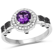 Bids.com 1.02 Carat Genuine Amethyst, Black Diamond & White Diamond .925 Sterling Silver Ring Rings