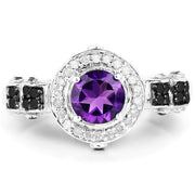 Bids.com 1.02 Carat Genuine Amethyst, Black Diamond & White Diamond .925 Sterling Silver Ring Rings