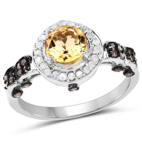 Bids.com 1.06 Carat Genuine Citrine, Champagne Diamond & White Diamond .925 Sterling Silver Ring Rings