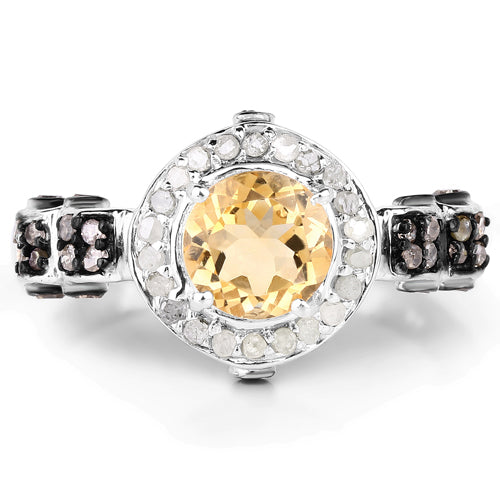 Bids.com 1.06 Carat Genuine Citrine, Champagne Diamond & White Diamond .925 Sterling Silver Ring Rings