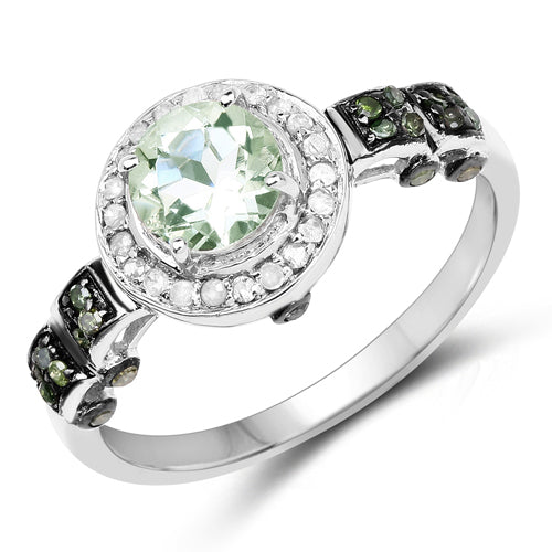 Bids.com 1.07 Carat Genuine Green Amethyst, Green Diamond and White Diamond .925 Sterling Silver Ring Rings