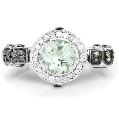 Bids.com 1.07 Carat Genuine Green Amethyst, Green Diamond and White Diamond .925 Sterling Silver Ring Rings