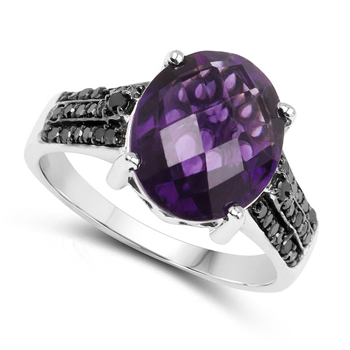 Bids.com 3.96 Carat Genuine Amethyst & Black Diamond .925 Sterling Silver Ring Rings