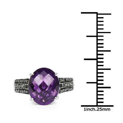 Bids.com 3.96 Carat Genuine Amethyst & Black Diamond .925 Sterling Silver Ring Rings