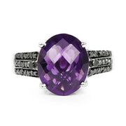 Bids.com 3.96 Carat Genuine Amethyst & Black Diamond .925 Sterling Silver Ring Rings