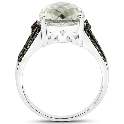 Bids.com 4.41 Carat Genuine Green Amethyst and Green Diamond .925 Sterling Silver Ring Rings