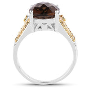 Bids.com 4.87 Carat Genuine Smoky Quartz and Yellow Diamond .925 Sterling Silver Ring Rings