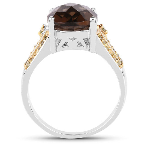 Bids.com 4.87 Carat Genuine Smoky Quartz and Yellow Diamond .925 Sterling Silver Ring Rings