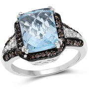 Bids.com 4.33 Carat Genuine Swiss Blue Topaz, Champagne Diamond & White Diamond .925 Sterling Silver Ring Rings