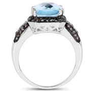Bids.com 4.33 Carat Genuine Swiss Blue Topaz, Champagne Diamond & White Diamond .925 Sterling Silver Ring Rings