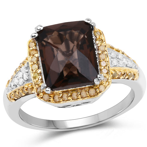 Bids.com 3.48 Carat Genuine Smoky Quartz, Yellow Diamond and White Diamond .925 Sterling Silver Ring Rings