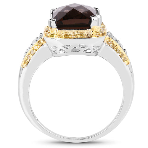 Bids.com 3.48 Carat Genuine Smoky Quartz, Yellow Diamond and White Diamond .925 Sterling Silver Ring Rings