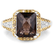Bids.com 3.48 Carat Genuine Smoky Quartz, Yellow Diamond and White Diamond .925 Sterling Silver Ring Rings