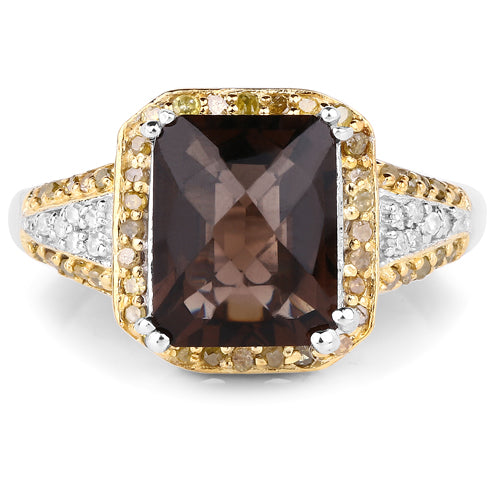 Bids.com 3.48 Carat Genuine Smoky Quartz, Yellow Diamond and White Diamond .925 Sterling Silver Ring Rings