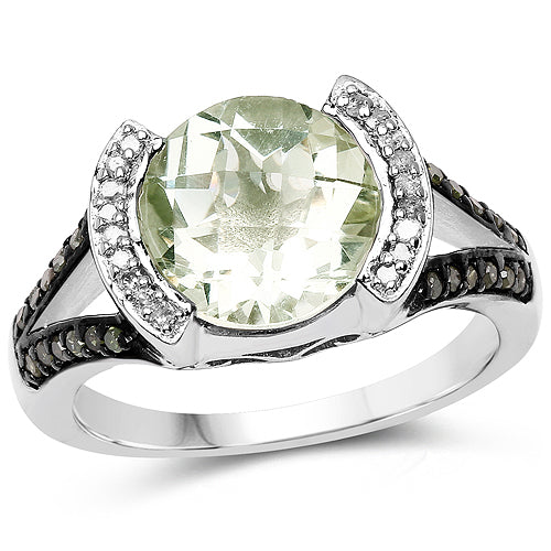 Bids.com 3.59 Carat Genuine Green Amethyst, Green Diamond & White Diamond .925 Sterling Silver Ring Rings