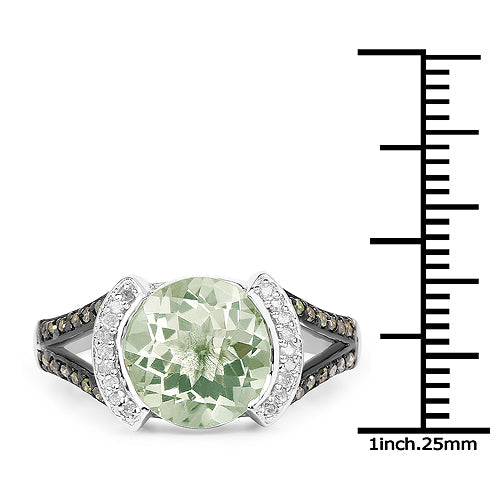 Bids.com 3.59 Carat Genuine Green Amethyst, Green Diamond & White Diamond .925 Sterling Silver Ring Rings