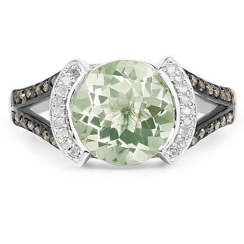 Bids.com 3.59 Carat Genuine Green Amethyst, Green Diamond & White Diamond .925 Sterling Silver Ring Rings