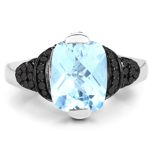 Bids.com 3.81 Carat Genuine Baby Swiss Blue Topaz, Black Diamond and White Diamond .925 Sterling Silver Ring Rings