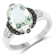 Bids.com 2.92 Carat Genuine Green Amethyst, Green Diamond & White Diamond .925 Sterling Silver Ring Rings