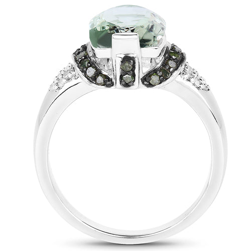 Bids.com 2.92 Carat Genuine Green Amethyst, Green Diamond & White Diamond .925 Sterling Silver Ring Rings