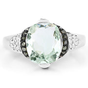 Bids.com 2.92 Carat Genuine Green Amethyst, Green Diamond & White Diamond .925 Sterling Silver Ring Rings