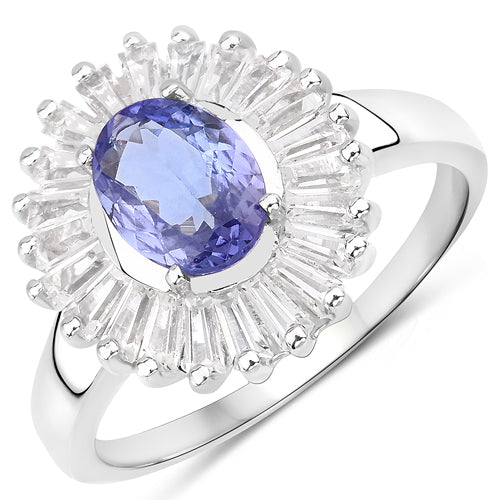 Bids.com 2.47 Carat Genuine Tanzanite and White Topaz .925 Sterling Silver Ring Rings